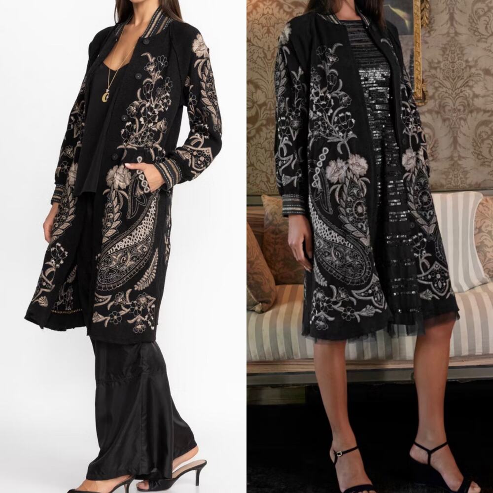 Johnny Was Biya Leon Jacket duster black fully embroidered size XL, deep pockets